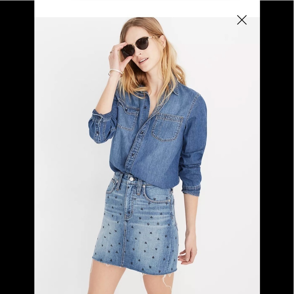 Madewell stretch denim straight mini skirt black heart print edition